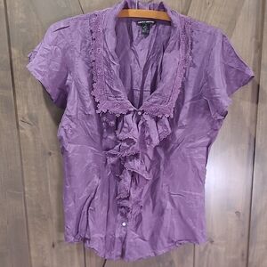 Lucky Brand Lavender Silk Ruffle Front Button Up Short Flutter Sleeve Blouse M